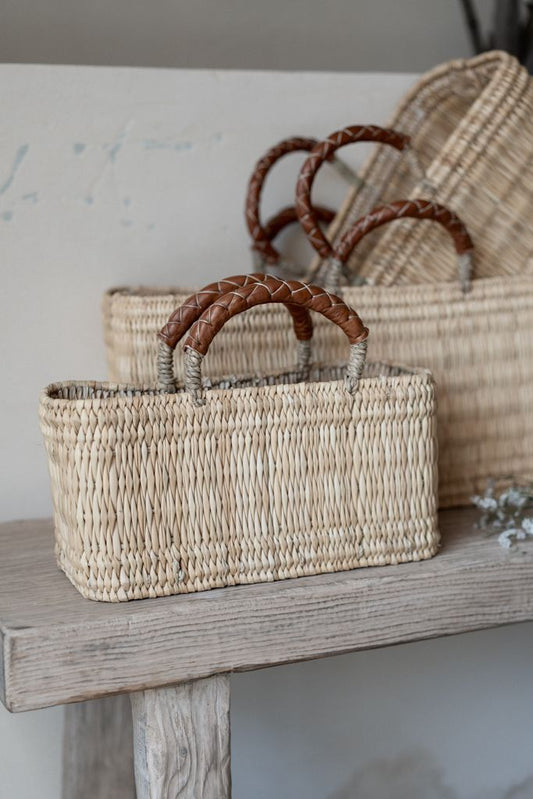 סל קש מלבני | ידיות עור